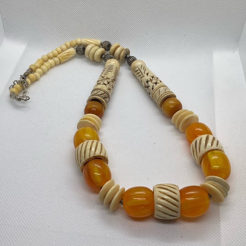 African Antique Early 20th Century Hand Carved Bovine Bone & Copal Necklace